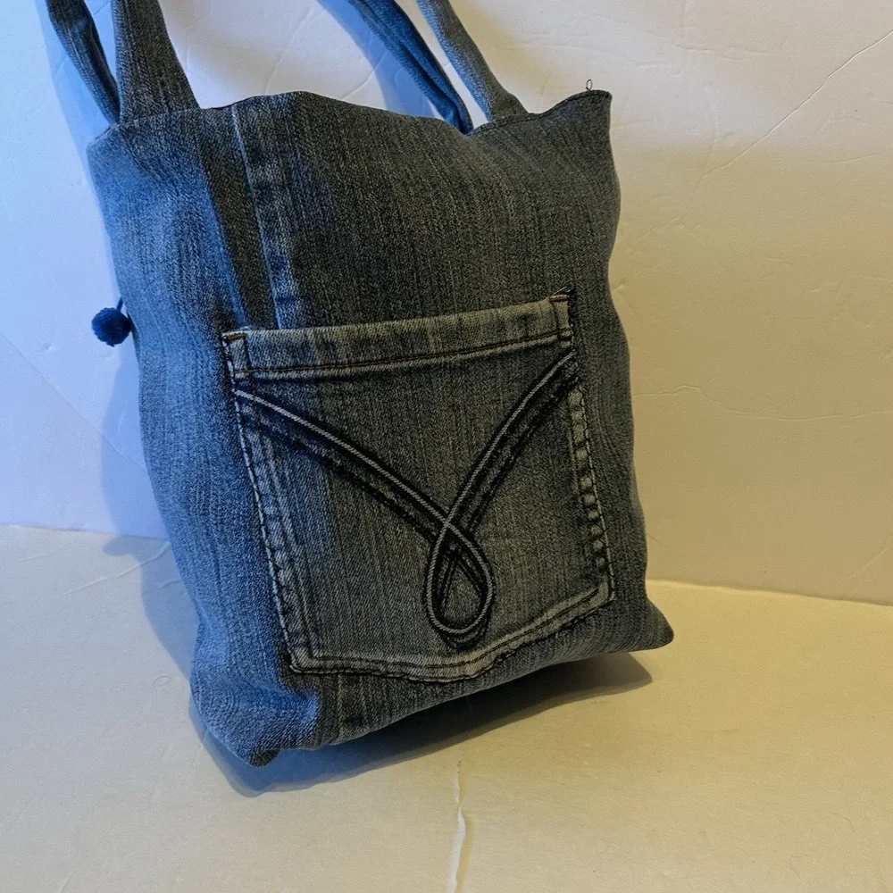 Handmade Denim Jean Bag Tote Purse Boho Upcycled Buttons Rhinestones Pearl‎